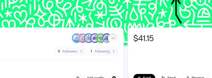 A Cash App profile screen showing a balance of $41.15, with 3 followers and 1 following, set against a green patterned background.
