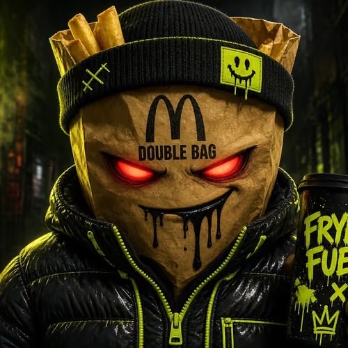 A creepy McDonald's-themed character with a brown paper bag head, glowing red eyes, and a McDonald's 'M' logo, wearing a black beanie and jacket.