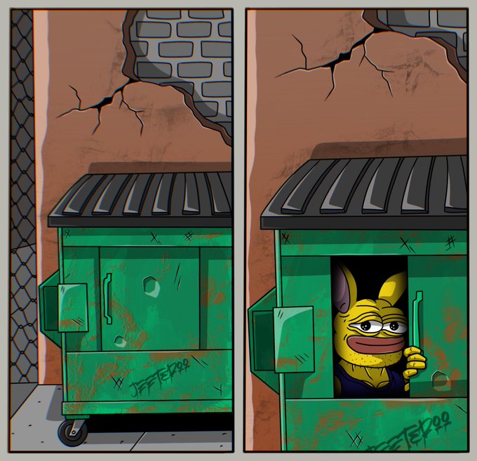 A two-panel cartoon illustration of a green dumpster with cracks on the wall behind it, the right panel showing a creature peeking out from inside.