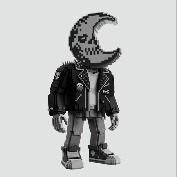 A 3D pixelated/blocky figure of a punk character with a crescent moon skull head, spiked leather jacket with skull patches and 'PUNK' label, standing against a white background.