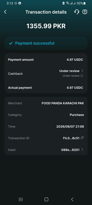 A mobile phone screenshot showing a successful payment transaction of 1355.99 PKR (4.97 USDC) to "FOOD PANDA KARACHI PAK" dated 2026/08/07.