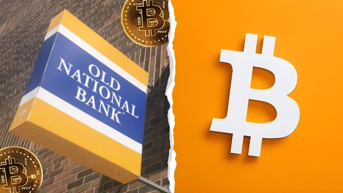 The image features an advertisement for the Old National Bank, which promotes Bitcoin as a means of payment. The advertisement includes a sign with the bank's name written in blue and yellow colors, along with a white Bitcoin symbol above it. There are also gold Bitcoins scattered around the scene, adding to the overall theme of digital currency. The image is a collage that combines elements from both traditional banking and modern cryptocurrency trends, suggesting that the bank is embracing new technology while still catering to its customers' needs for traditional financial services.