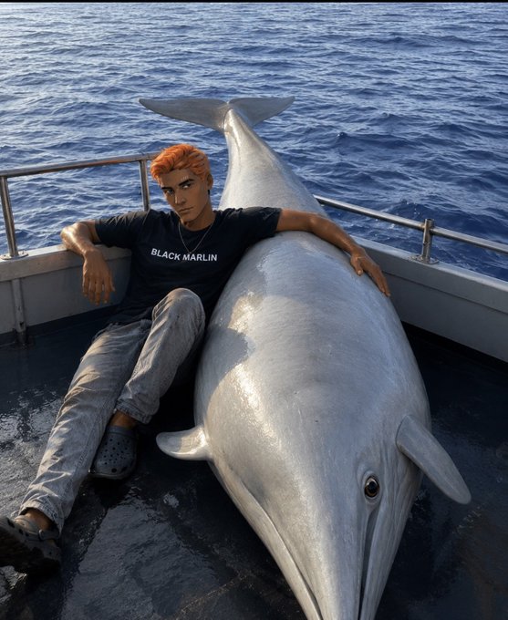 A digital illustration of a young man with bright orange hair sitting casually on a boat deck, leaning against a large dolphin floating on the blue ocean, wearing a black shirt that says 'BLACK MARLIN'.