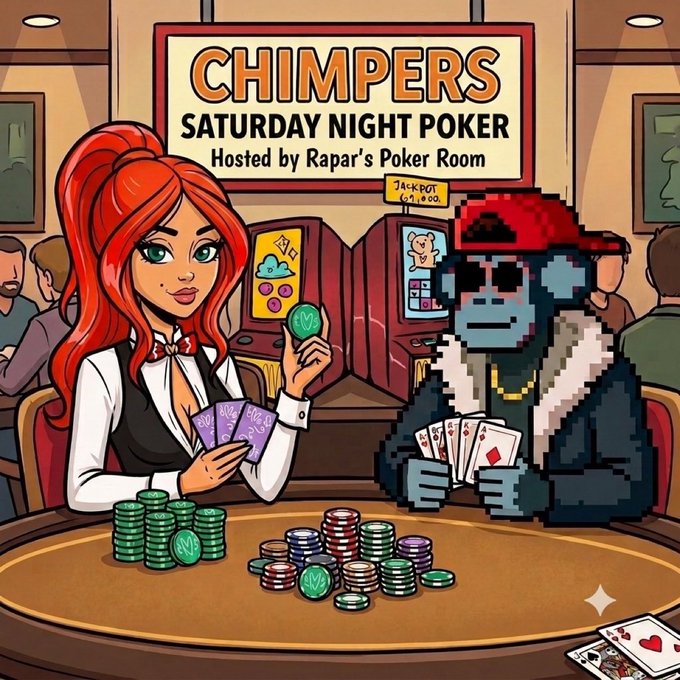 An NFT digital artwork featuring the Chimpers character dressed as a casino dealer with a red ponytail, white shirt, and black vest, holding up a chip next to a pixel-art chimp in sunglasses at a poker table full of chips.