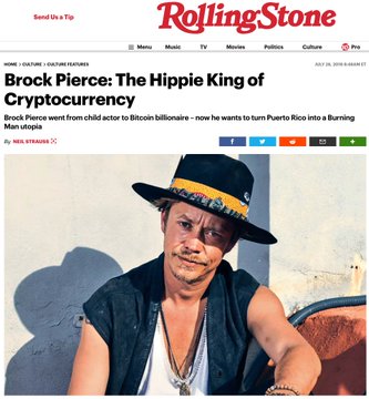 The image features an article about Brock Pierce, who is known for his role as the "Hippie King" of cryptocurrency. The headline reads "The man who co-founded Tether was arrested by Interpol in a Spanish villa Here's what happened: The man was Brock Pierce. (If you’ve ever used USDT, you’ve used a product he co-founded.)". The image also includes a photo of the actor himself wearing a black hat and a white shirt.