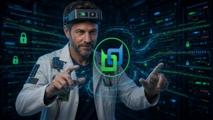 A man in a white lab coat wearing a futuristic head-mounted display gestures toward a glowing green circular logo featuring a stylized 'b', surrounded by digital code and security icons.
