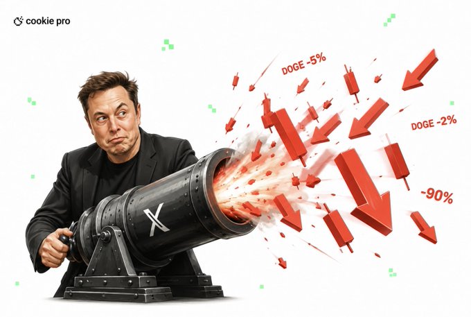 A humorous illustration shows Elon Musk firing a cannon that launches red downward arrows labeled "DOGE -2%" and "-90%," visually representing the claim that his tweets no longer have the power to move Dogecoin's price, with the X logo on the cannon symbolizing his control of the platform.