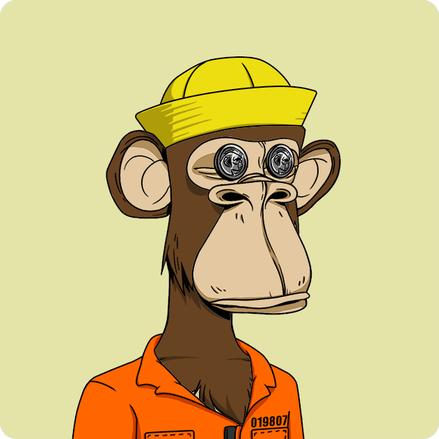 A cartoon illustration of a Bored Ape-style monkey wearing a yellow sailor cap, an orange prison uniform with the number '019807', and eyes that appear to be textured like coins or gears.