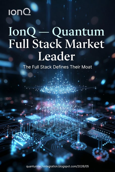 This image features the text "IonQ - Quantum Full Stack Market Leader" and a futuristic depiction of quantum computing technology, aligning with the post's discussion of IonQ's leadership in the quantum tech ecosystem.