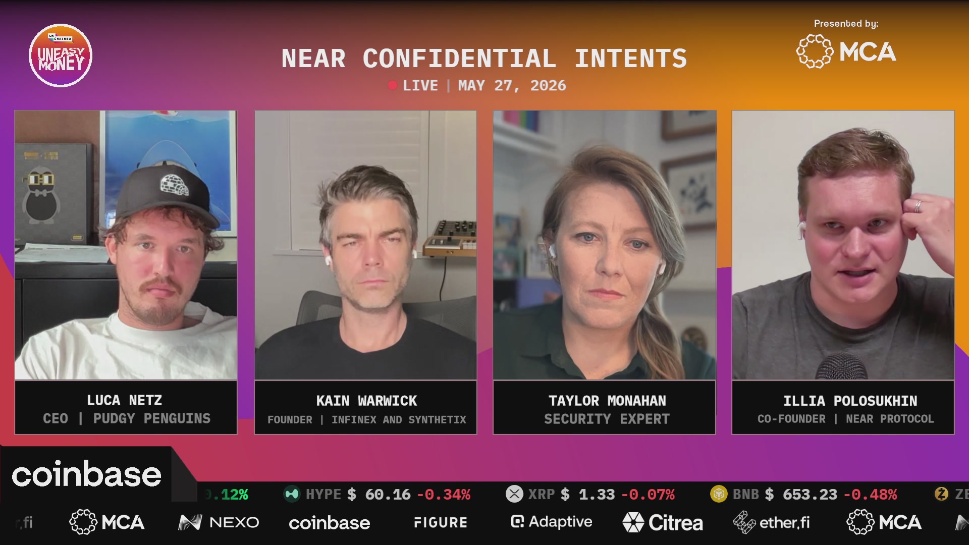 The image shows a group of four men and one woman sitting around a table, with their faces displayed on a computer screen. They appear to be participating in a video conference or meeting, as indicated by the caption "Focus on what is in the image and how it relates to the post". The background features a purple and orange color scheme, which complements the overall theme of the image.