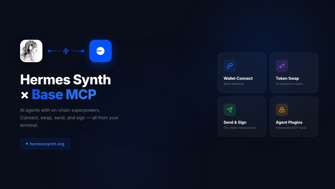 The image shows a website called "hermes synth" that has been integrated with Base MCP, an open-source project for creating web applications. The integration allows users to connect their wallet, swap tokens, send crypto, and sign transactions from within their agent terminal. The website also provides information about the integration process and how it can be used in various scenarios.