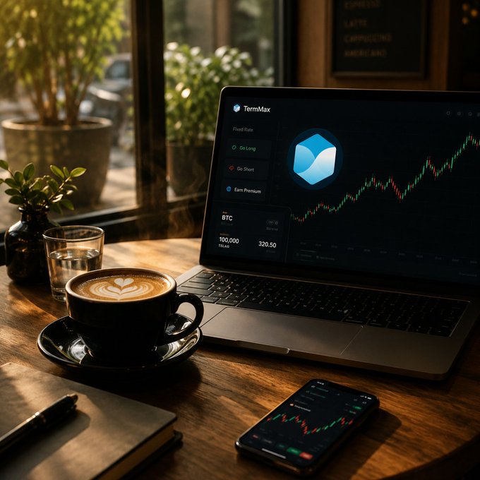 A laptop on a wooden table displays 'TermMax' with a cryptocurrency trading chart showing BTC, alongside a cappuccino, a smartphone, and a notebook.