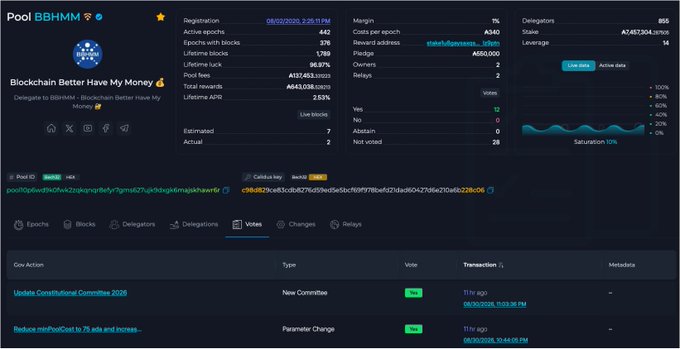 A Cardano blockchain pool dashboard displaying 'Pool BBHMM - Blockchain Better Have My Money' with statistics on epochs, blocks, rewards, and a votes section showing governance actions.