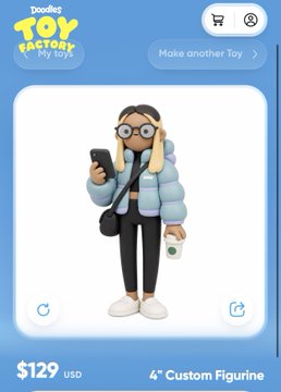 A screenshot from Doodles' "Toy Factory" app shows a custom 4" figurine priced at $129 USD, featuring a stylized character with large glasses, a puffer jacket, black pants, and holding a phone and coffee cup. The "OMG I NEED IT" caption reflects the appeal of this collectible character being generated for purchase.