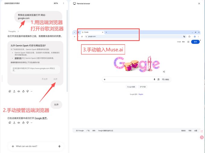 A tutorial screenshot showing instructions in Chinese for using a remote browser, with red annotations guiding users to open Google browser, accept terms, and manually enter 'Muse.ai' in the address bar.
