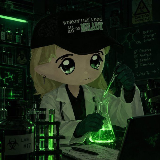 An anime-style chibi character wearing a cap reading "WORKIN' LIKE A DOG ALL DAY ON MILADY" conducts experiments with glowing green liquids in a lab marked "LAB #17" and "CAUTION CHEMICALS." The image plays on the post's "LAUNCH IN 24 HOURS" hype by portraying a determined lab worker cooking up a new token project ($ANSEM), aligning with Milady/NFT meme culture and airdrop promotion themes.