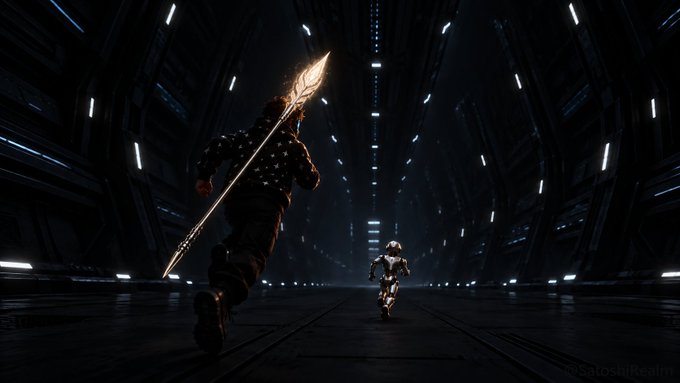 A figure wields a glowing spear while running down a dark, futuristic corridor toward a smaller figure in a white suit.
