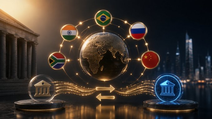 A digital graphic depicting a golden globe surrounded by flags of various countries, flanked by classical architecture and a modern city skyline, symbolizing global connectivity.
