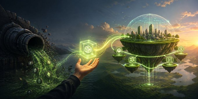 A digital artwork depicting a hand releasing glowing green data streams from a cube into a floating futuristic cityscape enclosed in a dome, symbolizing technology and blockchain.