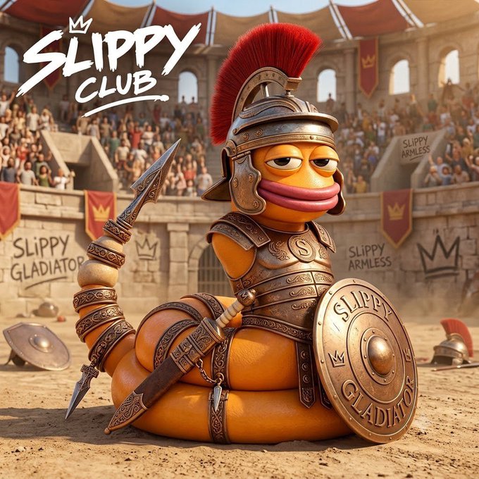 A 3D illustration depicts an orange worm-like character dressed as a gladiator with a red-plumed helmet, spear, and shield labeled 'SLIPPY GLADIATOR', in an arena with crowds holding signs reading 'SLIPPY GLADIATOR' and 'SLIPPY ARMLESS' under the 'SLIPPY CLUB' logo.