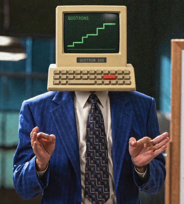 A man in a blue suit and patterned tie stands with a vintage "QUOTRON-800" computer terminal where his head should be, the screen displaying "QUOTRONS" above a rising green staircase graph. The image is a surreal visual pun on the post's word "quotrons," referencing the classic Quotron stock quotation systems once used on Wall Street to track market data.