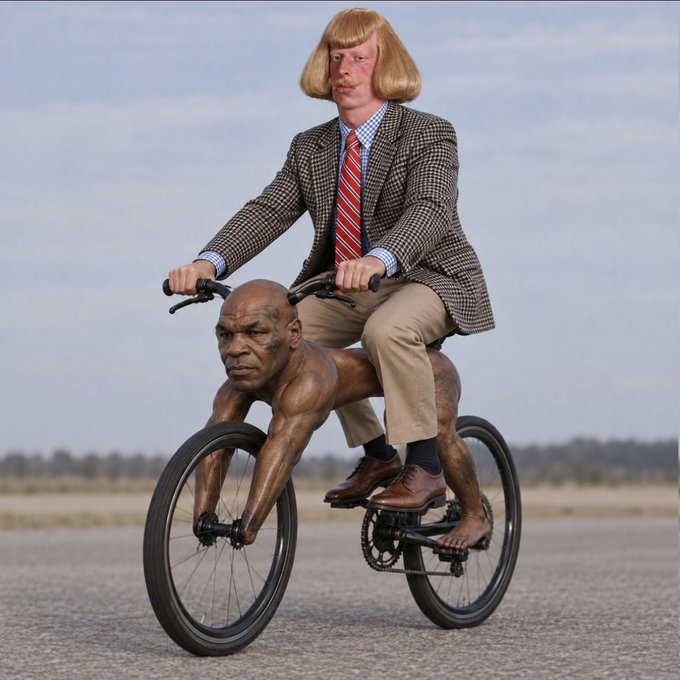 A muscular, shirtless man serves as the frame of a bicycle, carrying a blonde man in a checkered blazer and striped tie as he pedals across an empty landscape. The image visually echoes the caption's theme of "generational wealth on the run," with the well-dressed figure literally riding atop the labor of another.