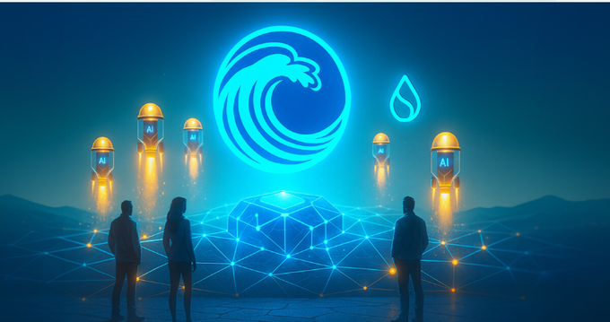 A futuristic digital illustration showing silhouettes of people facing a glowing blue wave emblem and rocket-like AI pods above a geodesic dome.