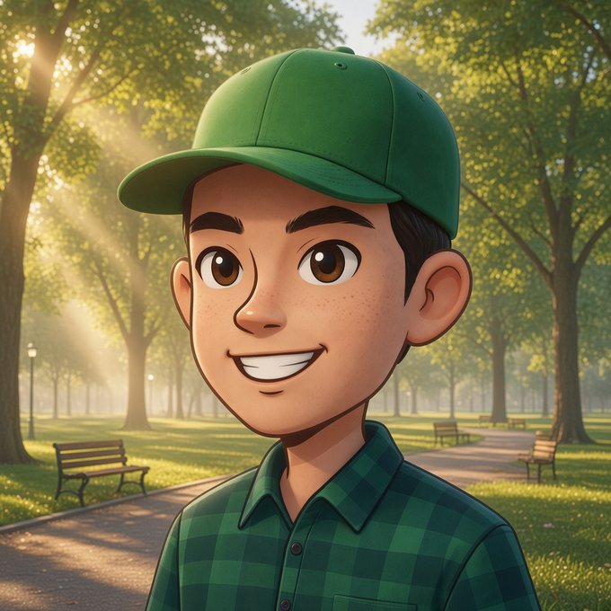 A 3D animated style illustration of a smiling young man wearing a green cap and green plaid shirt in a sunny park.