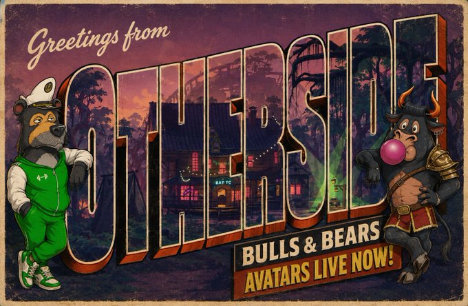 The image features a poster advertising the release of the @bullsontheblock avatars from the game @Otherside. The poster includes two cartoon bulls, one wearing a green outfit and the other dressed in red, standing next to each other with their arms around each other's necks. They are surrounded by various buildings and trees, creating an urban setting for the game. The text on the poster announces that the game avatars are now live on the @OthersideMeta platform and invites players to "10,000+ new avatars ready to jump into the Swamp & Nexus today!".