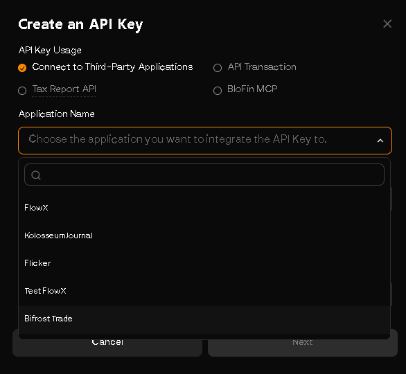 A dark-themed API key creation modal titled 'Create an API Key' with options including 'Connect to Third-Party Applications' (selected), 'API Transaction', 'Tax Report API', and 'BloFin MCP', showing a dropdown with applications such as FlowX, KoloseumJournal, Flicker, TestFlowX, and Bifrost Trade.