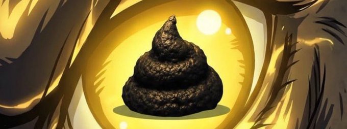 A cartoonish, swirled pile of poop sits framed within a glowing yellow eye-like iris, surrounded by fur or feathers. The image humorously visualizes the post's message—suggesting that bullish commentary and hype ("bullposting bullshit") is literally worth nothing more than excrement, no matter how often the asset is bought or held.
