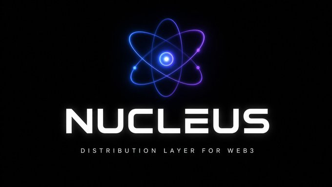 Logo design for 'NUCLEUS' featuring a glowing blue and purple atom symbol above the text 'DISTRIBUTION LAYER FOR WEB3' on a black background.