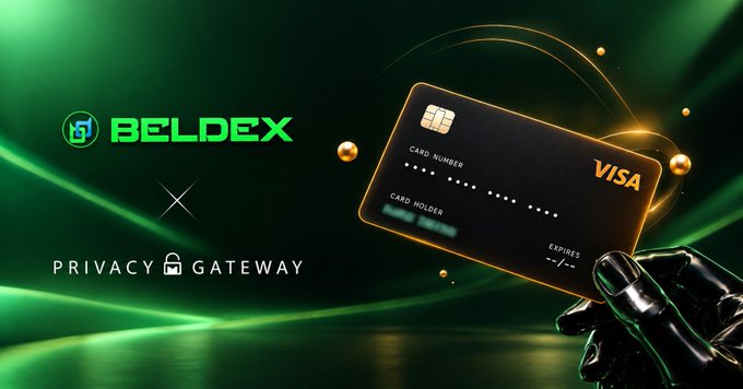A promotional graphic displays logos for "BELDEX" and "PRIVACY GATEWAY" alongside a robotic hand holding a black Visa card against a green background.
