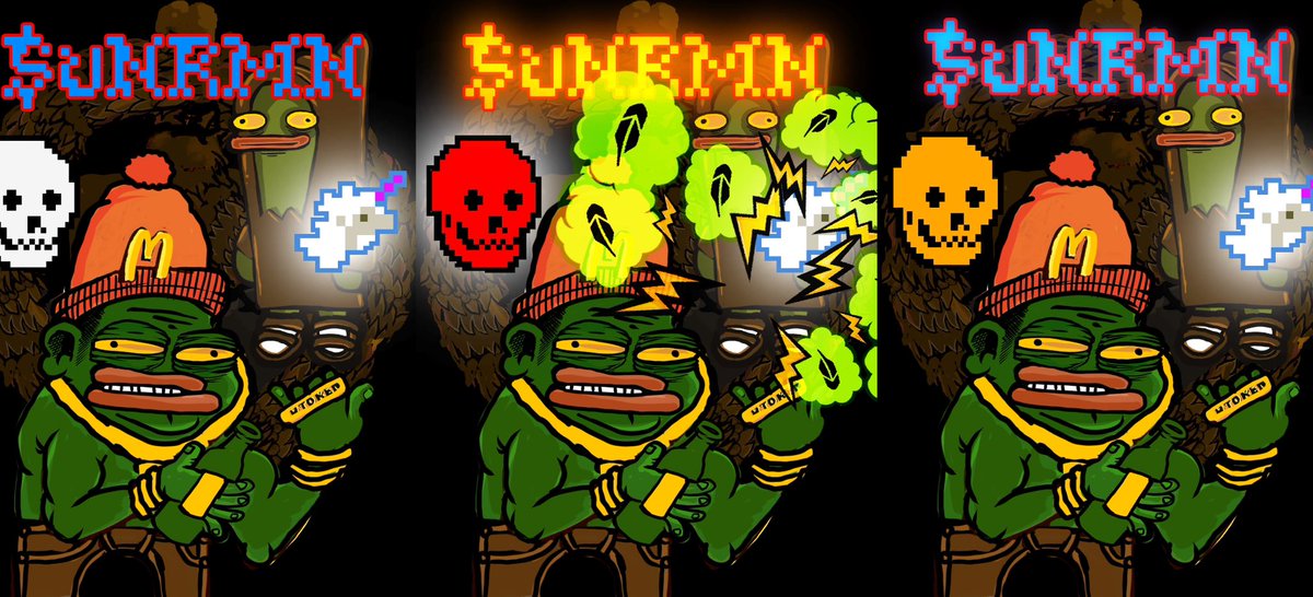 A triptych of cartoon-style NFT artwork featuring a green Pepe-like character wearing a McDonald's beanie and "uToken" gold chain, set against a backdrop with the text "$uNRMN" displayed in three different styles (pixelated, neon orange, and blue) along with skull and lightning bolt imagery—promoting the $uNRMN token collection now live on uToken Pro and Robinhood Crypto.
