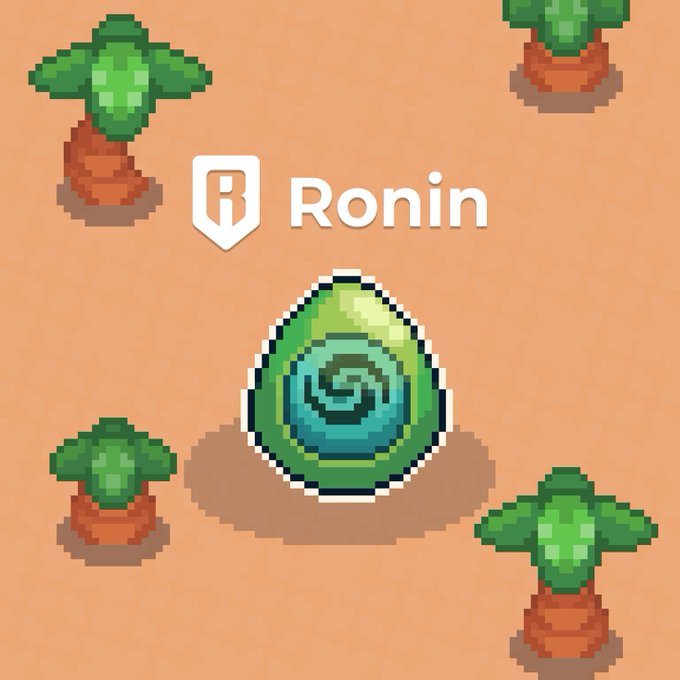 A pixel art image showing a green Yakkamon egg on sandy ground surrounded by four palm trees, with the "Ronin" logo at the top. The image relates to the post by promoting the Yakkamon Free Mint whitelist opportunity available to players of listed Ronin-based games like Axie Infinity and Pixels.