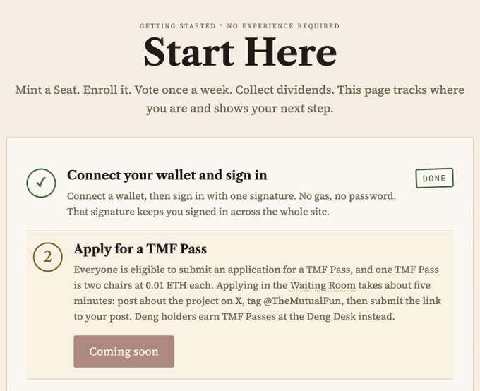 The image shows a "Start Here" onboarding page for The Mutual Fun (TMF), displaying a checklist where step 1 (connecting wallet) is marked "DONE" and step 2 (Apply for a TMF Pass) shows a "Coming soon" button, confirming the waitlist application form referenced in the post has not yet opened.