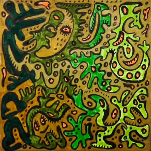 An abstract, colorful painting featuring organic, amoeba-like green and brown shapes with small pinkish-red eyes scattered throughout in a Keith Haring-esque street art style.
