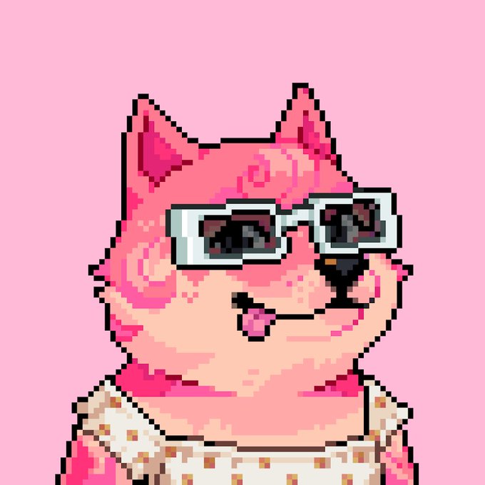 A pixel art portrait of a pink cat wearing sunglasses with dark lenses and a white shirt with orange polka dots, set against a pink background.