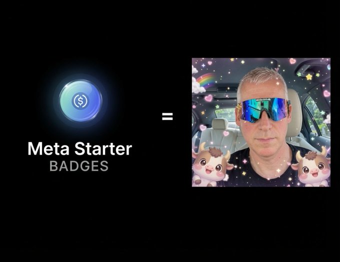 The image shows the USDC logo and "Meta Starter BADGES" text equated to a man wearing reflective sunglasses in a car, decorated with animated oxen and rainbow stickers as a playful crypto filter, while the post promotes a $JAMES airdrop with a casual "say gmonad" call-to-action.
