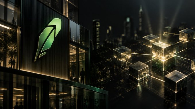 A futuristic nighttime cityscape featuring a prominent green arrow logo on a building facade, with illuminated glass cubes forming a network pattern in the foreground.