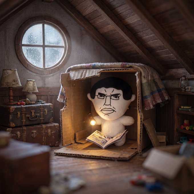 A whimsical miniature diorama of a small white character with black hair reading a book inside a cardboard box, set in a cozy attic room with a round window, old suitcases, and a lantern.