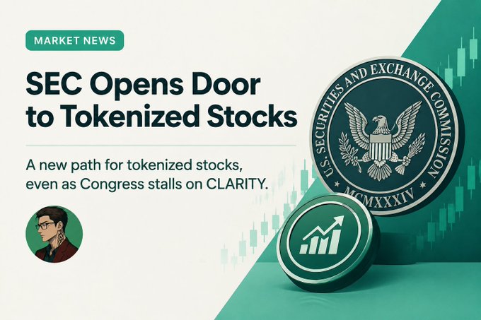 A market news graphic with a green 'MARKET NEWS' tag, headlined 'SEC Opens Door to Tokenized Stocks,' discussing a new path for tokenized stocks while Congress stalls on the CLARITY Act, accompanied by the SEC seal and a growth chart icon.