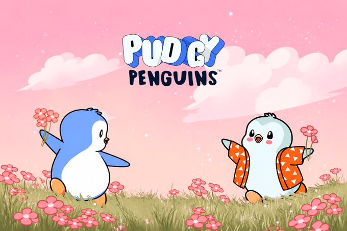 An illustrated promotional image for 'PUGGY PENGUINS' showing two cartoon penguins holding flowers in a pink flowery field under a pink sky with clouds.