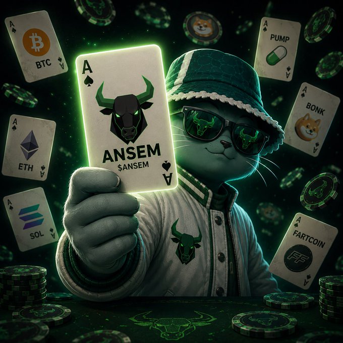 A stylized digital illustration of a cat wearing a bucket hat and sunglasses, holding an 'ANSEM $ANSEM' ace card, surrounded by crypto cards labeled 'BTC', 'ETH', 'SOL', 'PUMP', 'BONK', and 'FARTCOIN' amid falling coins.