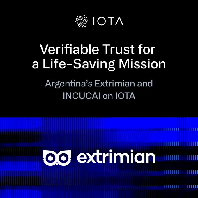 A black promotional banner for IOTA titled 'Verifiable Trust for a Life-Saving Mission' featuring partnership with Extrimian and Argentina's INCUCAI.