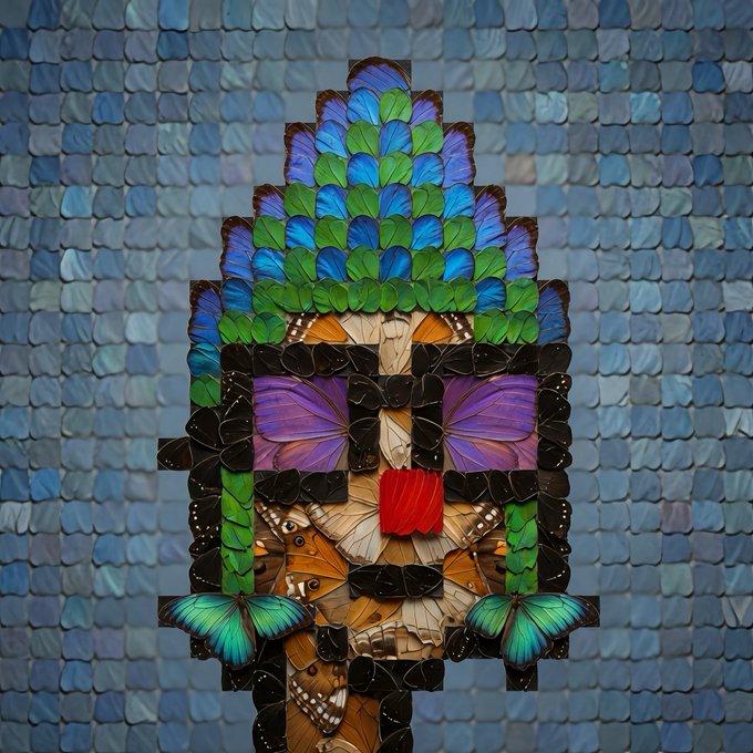 A mosaic portrait of CryptoNovo, the popular pixel-art NFT character recognizable by its iconic green and blue feathered mohawk, dark sunglasses, and vibrant butterfly features, composed of butterfly wings against a blue tiled background—fittingly reflecting the "vibe" of the artist's signature pixelated aesthetic.