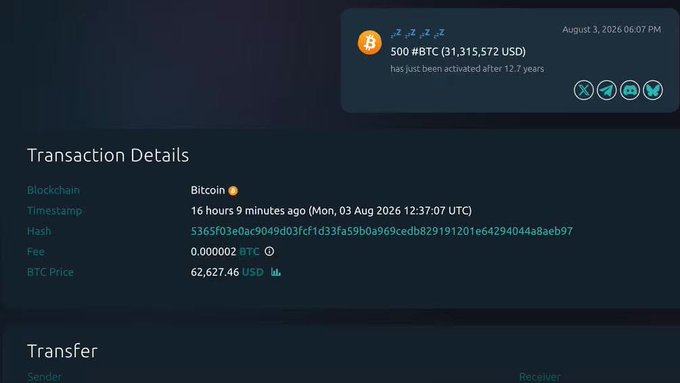 A screenshot of a blockchain transaction record showing a transfer of 500 #BTC (valued at $31,315,572 USD) with the note 'has just been activated after 12.7 years', including details like timestamp, hash, and a BTC price of $62,627.46.