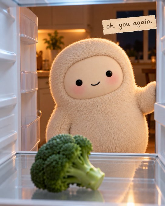 A fluffy, beige, smiling mascot-like character standing in front of an open refrigerator at the end of the day, looking at a piece of broccoli on the shelf, with a handwritten note above saying 'oh. you again.'