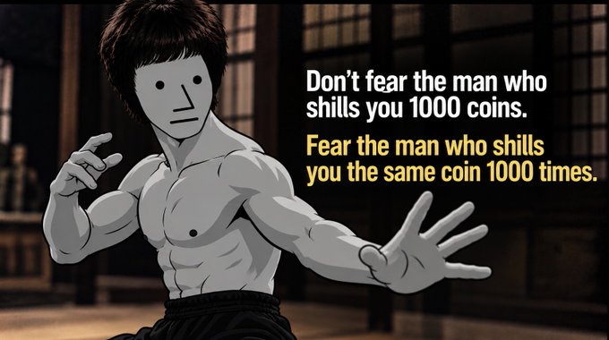 An anime-style masked man in a martial arts pose is shown alongside the text: "Don't fear the man who shills you 1000 coins. Fear the man who shills you the same coin 1000 times." The image humorously cautions against aggressive one-coin promotion, contrasting it with the post's promotion of the $NPC memecoin.