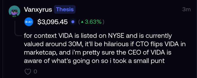 A Discord message from user "Vanxyrus" in the Thesis channel shows $LEXI at $3,095.45 (+3.63%), with the poster noting that VIDA is valued around $30M on NYSE, suggesting CTO could surpass VIDA in market cap—which ties into the accompanying post speculating a $CTO vs $VIDAx showdown.